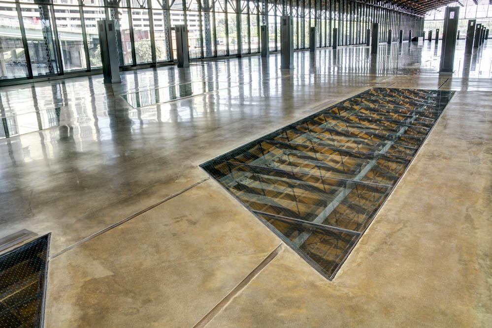 A close-up of a uniquely designed polished concrete floor.