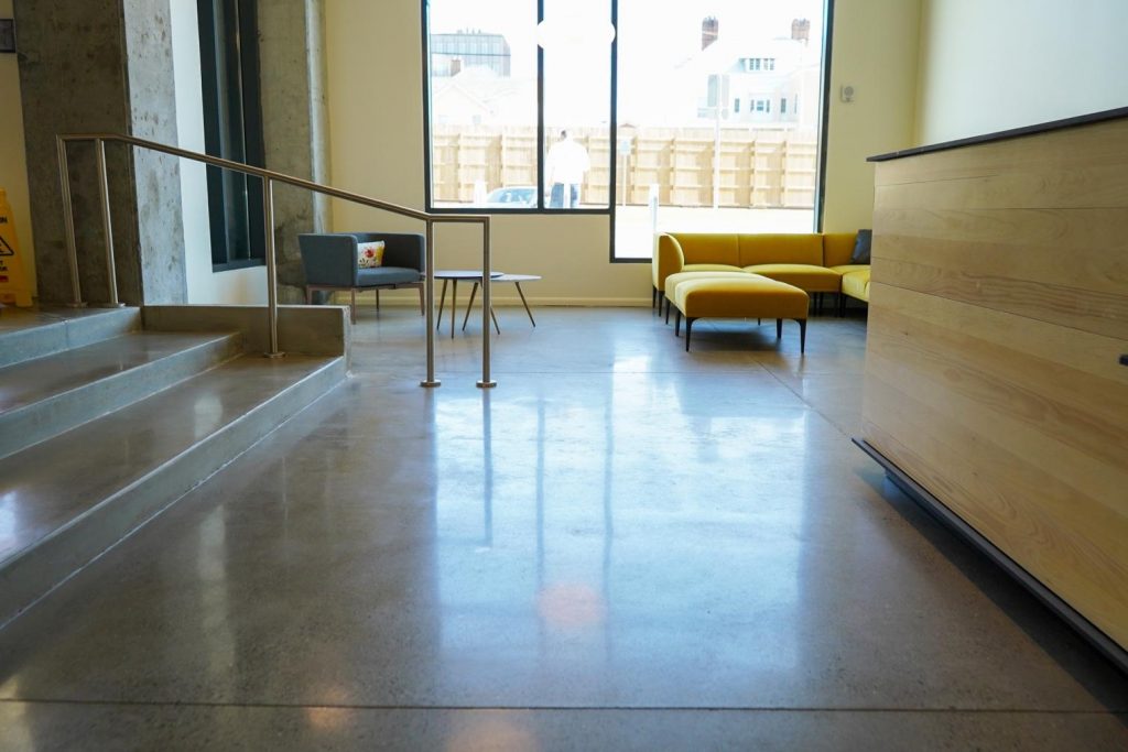 A slip-resistant concrete floor.
