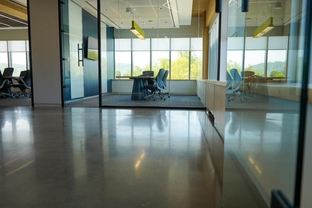 A spotless concrete floor following proper polished concrete aftercare tips.